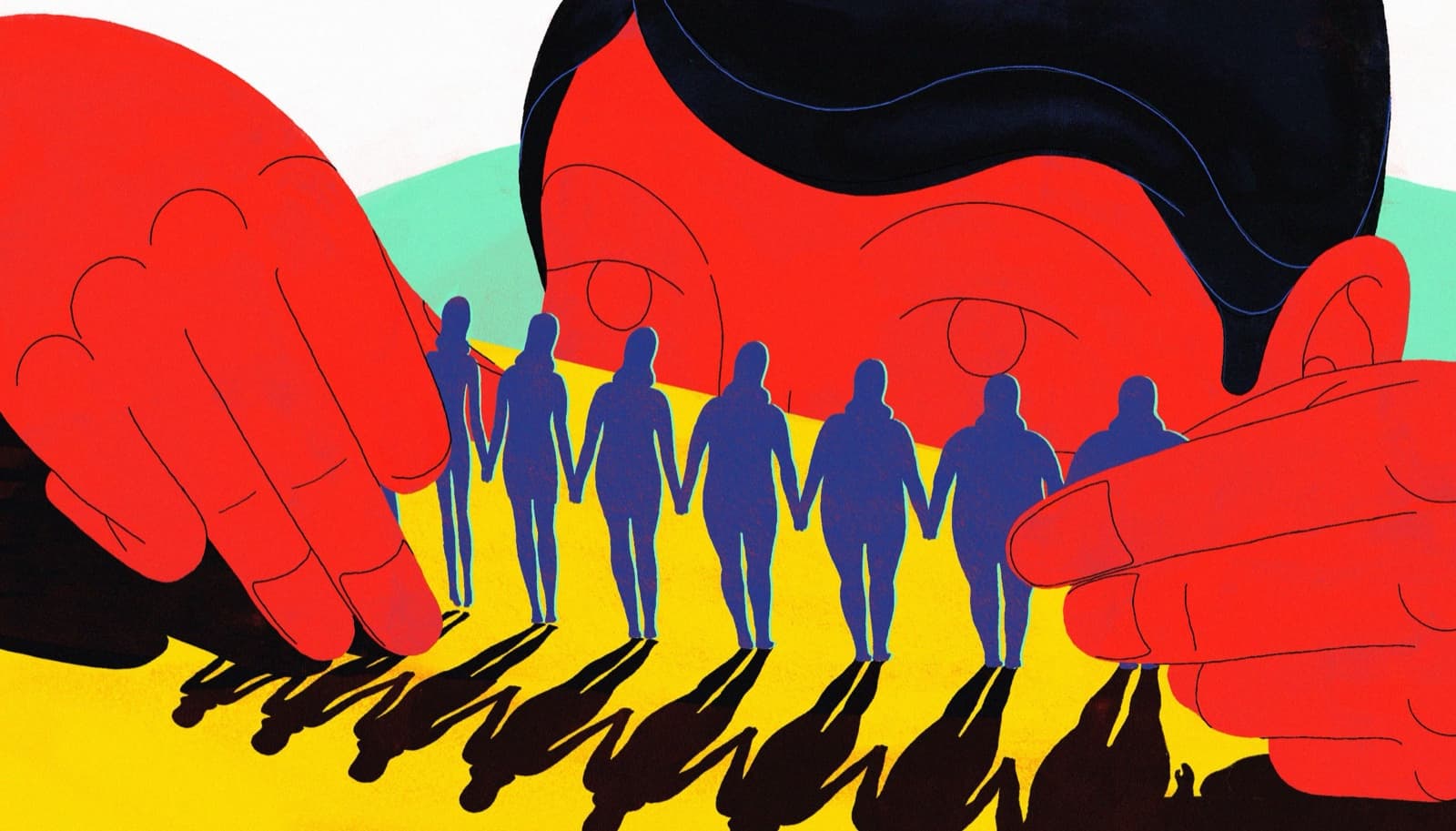 Illustration of a giant red face looking down as two huge hands arrange a line of small blue figures of different body sizes holding hands.