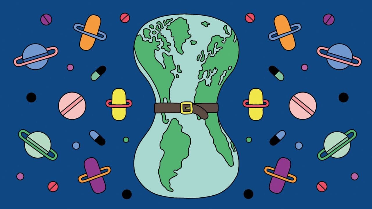 Illustration of a globe cinched at the waist by a belt, surrounded by pills and capsules on a dark blue background.