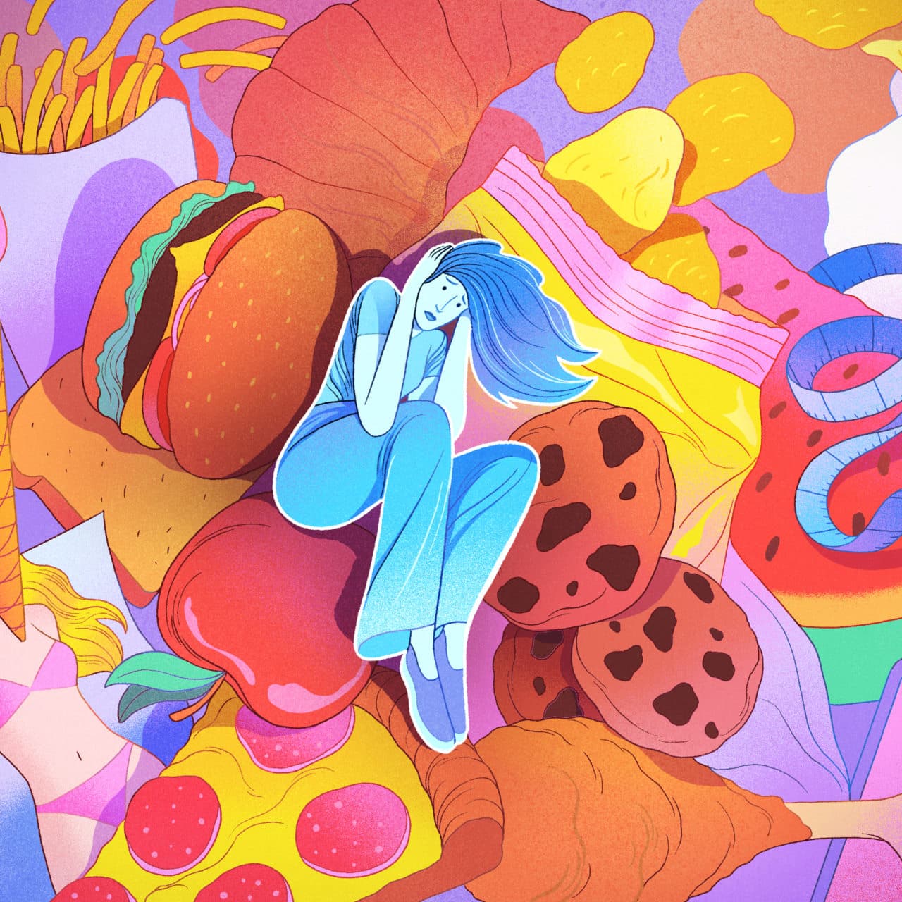 Illustration of an anxious young woman with blue hair surrounded by a heap of fast food, chips and cookies.