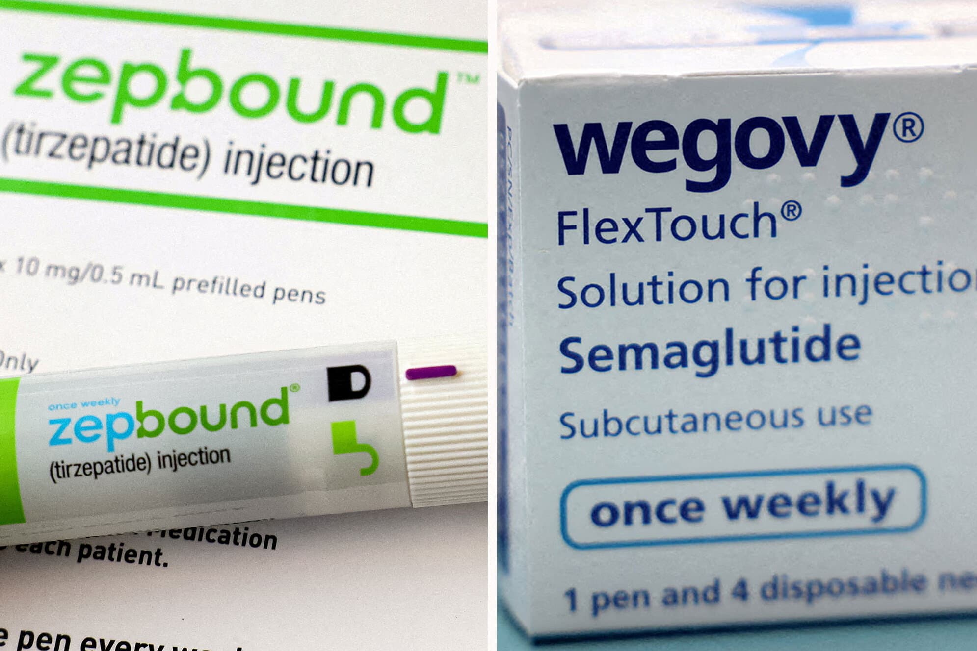 Primer plano de empaques de Zepbound y Wegovy.