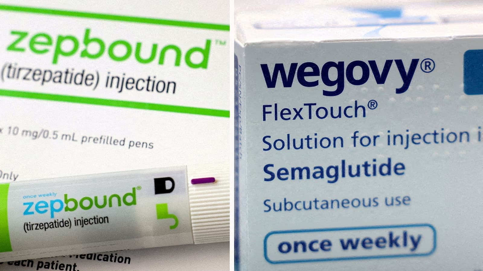 Pluma de Zepbound y cajas de Wegovy mostradas en cobertura sobre acceso en Medicare.