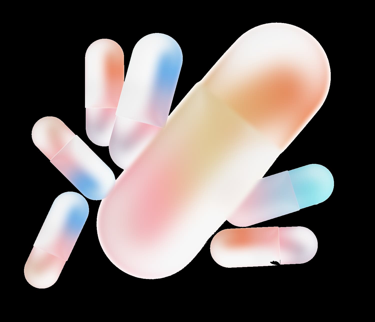 Soft translucent capsules arranged in Catalyst orange, blue, and yellow light.