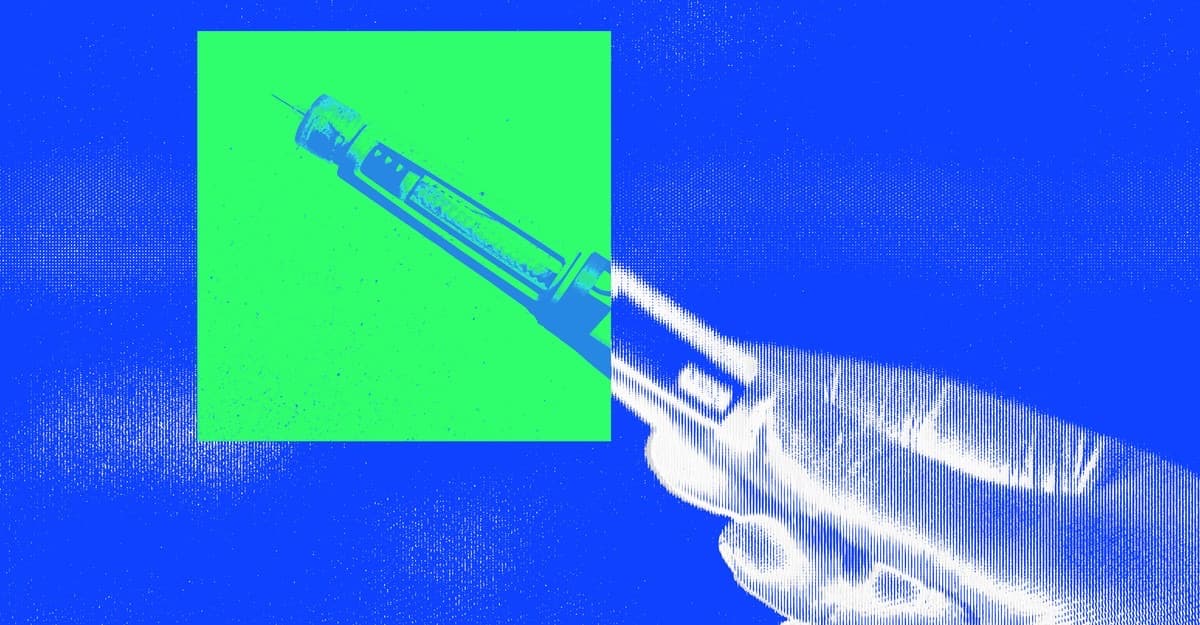 Fotoilustración azul y verde neón de una pluma de inyección GLP-1.