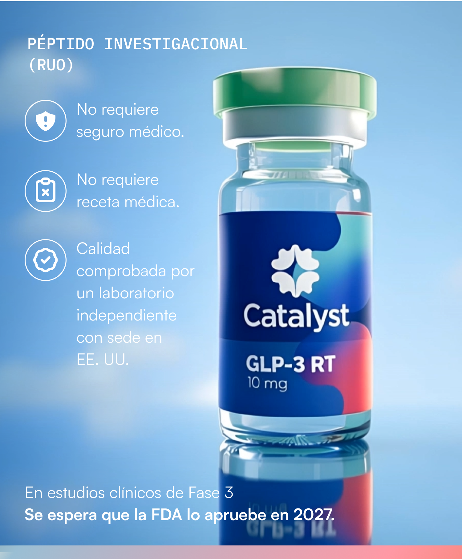 Vial de GLP-3 Retatrutida con tarjetas de uso de investigación: no requiere seguro médico, no requiere receta médica, calidad comprobada por un laboratorio independiente con sede en EE. UU. En estudios clínicos de Fase 3, aprobación de la FDA prevista para 2027.