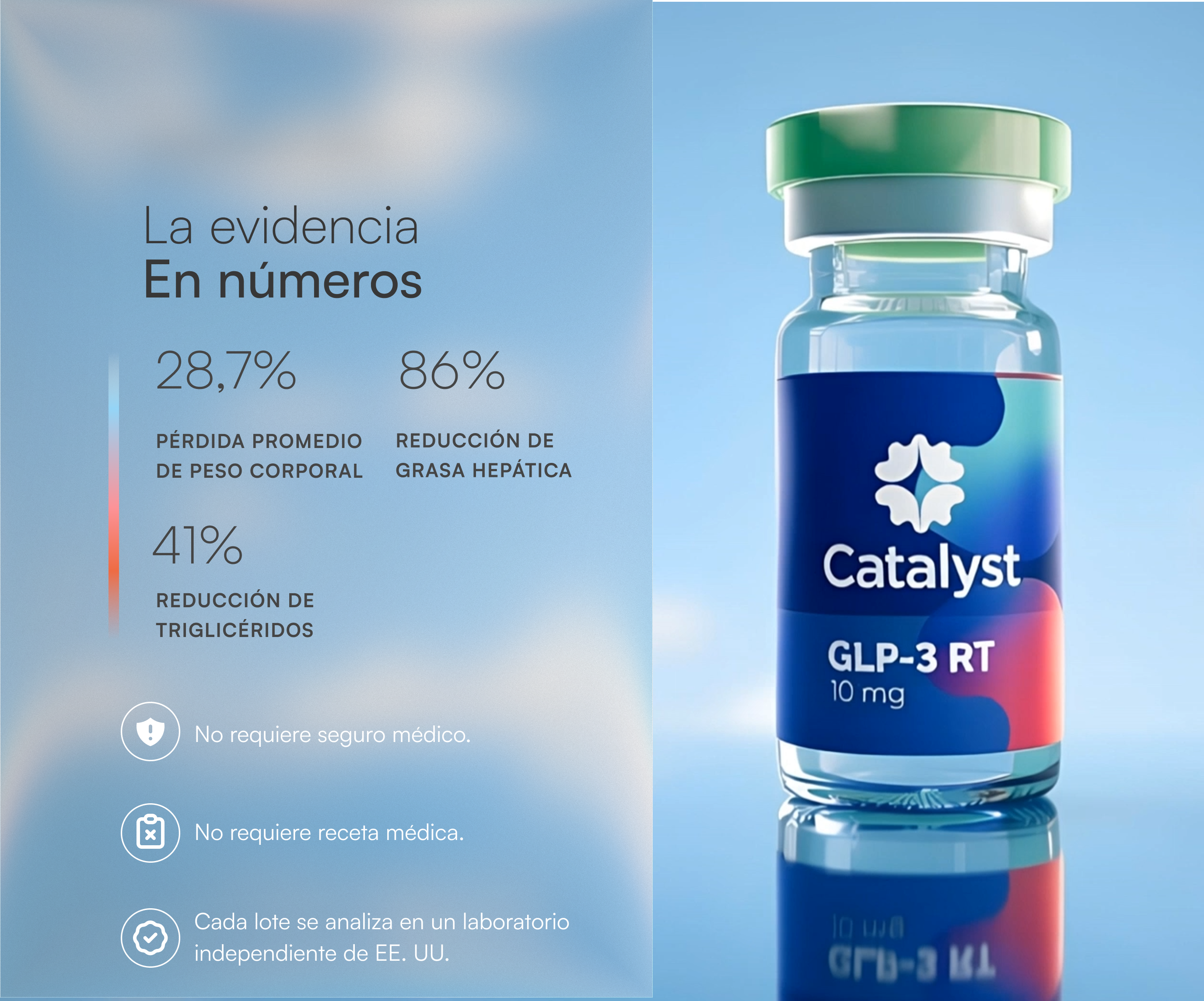 Vial de GLP-3 Retatrutida con tarjeta científica: 28,7% pérdida media de peso, 86% reducción de grasa hepática, 41% reducción de triglicéridos.